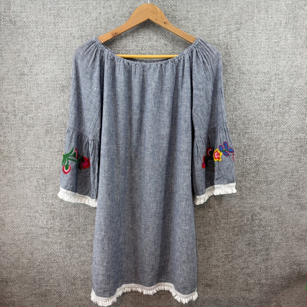 Beach Lunch Lounge Women's M Striped Off Shoulder‎ Dress Blue Embroidered Boho